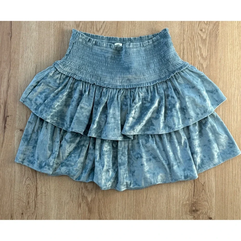 Aerie Velvet Smocked Tiered Thrills & Frills Pull‎ On Mini Skirt Teal Size Small